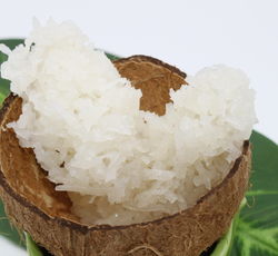Cocada blanche brésilienne présentée dans la coquille d'une noix de coco.